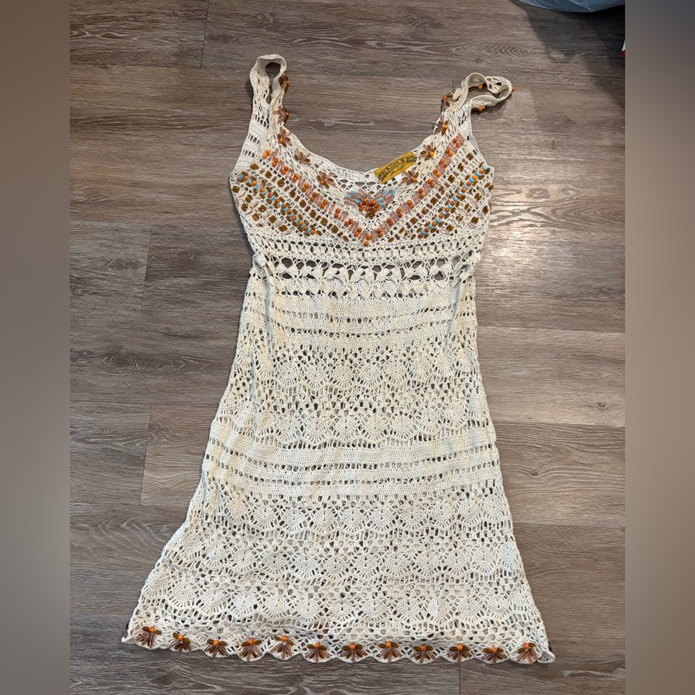 Allen B. By Allen Schwartz Cream Crochet Mini Dress with Rust Floral Accents